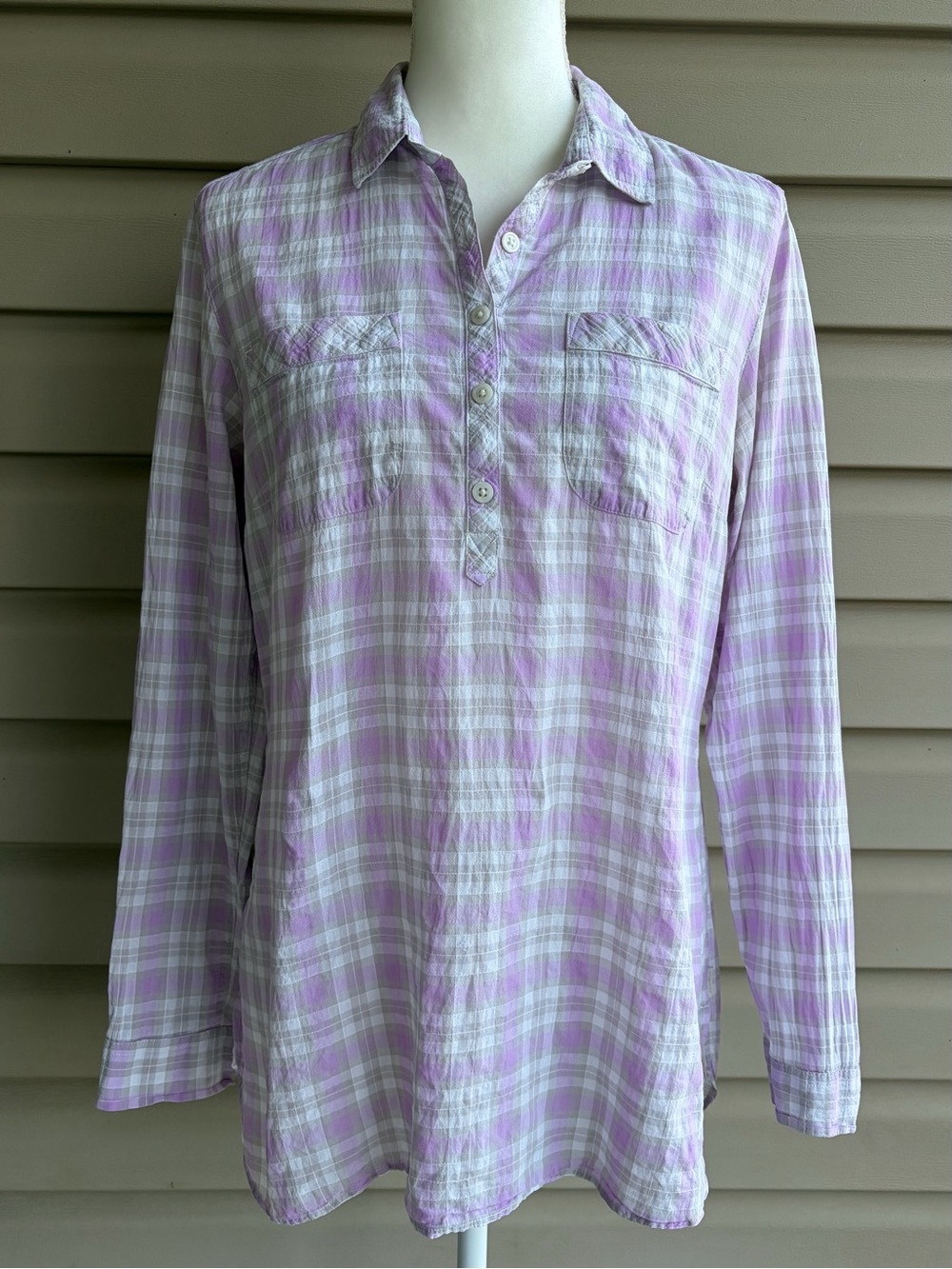 •Eddie Bauer• Classic Fit Purple Plaid Cotton Henley Shirt- Size Medium